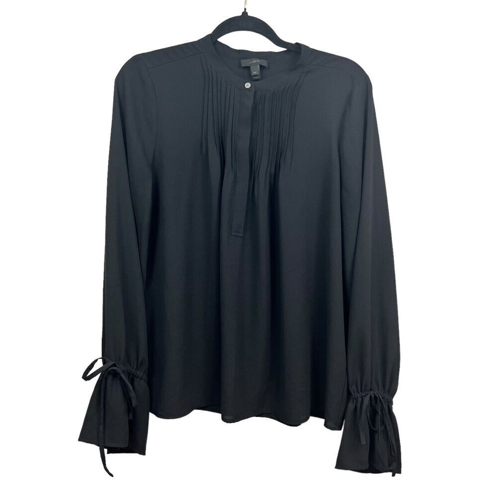 J. Crew Womens Blouse Pleated Button Semi Sheer Ruffled Long Sleeve Black Sz TM*